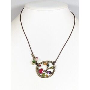 Bohm Gold Tone Multicolor Crystal Pendant Brown Cord Necklace 20"